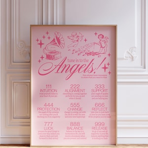 Impresión digital de números de ángel, linda ilustración de querubín, arte espiritual, póster rosa, decoración femenina, estética suave para niña, póster pastel de moda