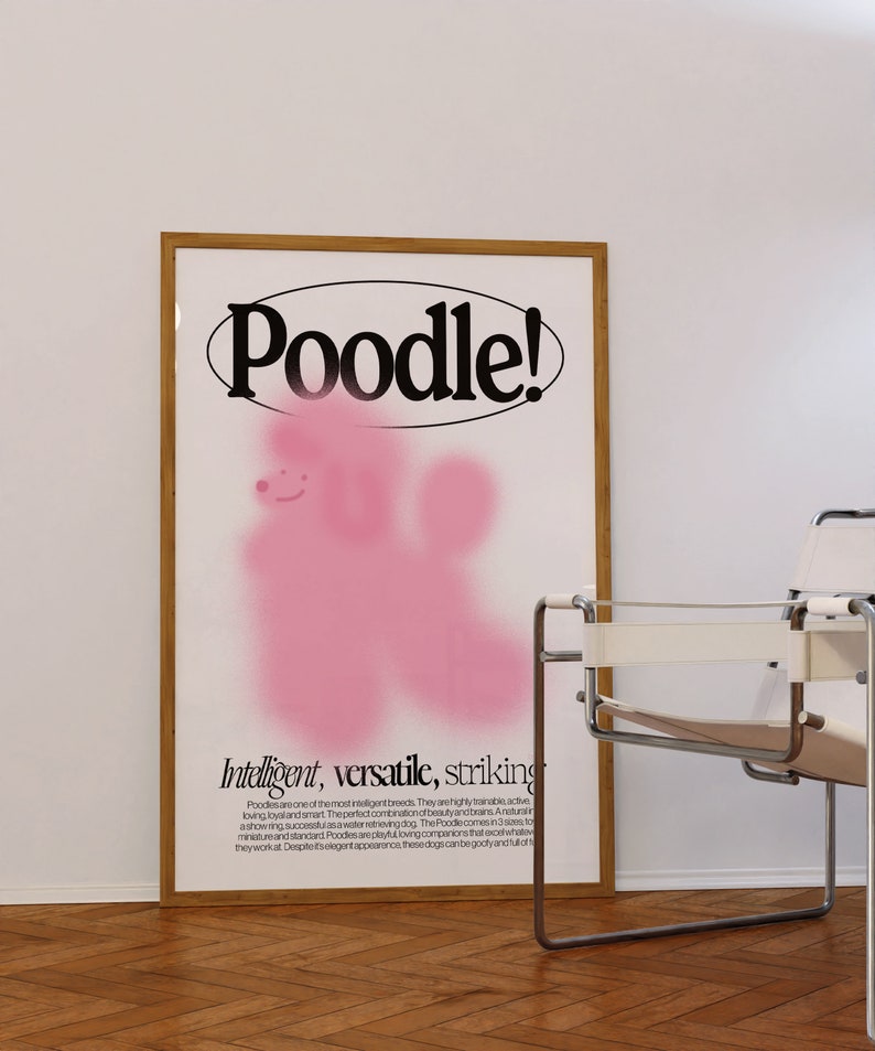 Poodle DIGITAL Print Poster Download Cartoon Illustration Graphic Typography Dog Art Dog Portrait Trendy Wall Decor Pink Home Decor Puppy image 2