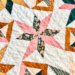 Handmade Cotton Star Quilt (60&quot; x 84&quot;): Pink, Green & Brown Heirloom Blanket