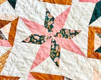 Handmade Cotton Star Quilt (60" x 84"): Pink, Green & Brown Heirloom Blanket