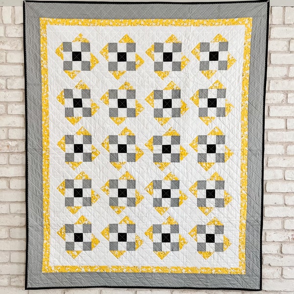 53" x 63" - Pretty modern handmade blanket / quilt - yellow, gray & white with black accents - a great heirloom quality gift