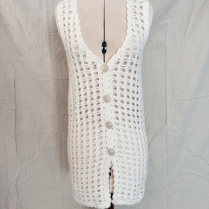 1970 Long White Crochet Vest  Size Small