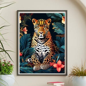 Tropical Leopard Wall Art Print | Hand Drawn Safari Animal with Exotic Leaves | Jungle Cat Illustration | Modern Botanical Wildlife Decor |
