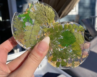 Pressed Leaf Car Coasters, Set of 2, Floral Car Coasters, Car Coasters, Green Car Coasters, Flower Car Coasters, Flower Car Decor