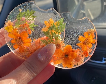 Pressed Flower Car Coasters, Set of 2, Floral Car Coasters, Car Coasters, Orange Car Coasters, Flower Car Coasters, Flower Car Decor