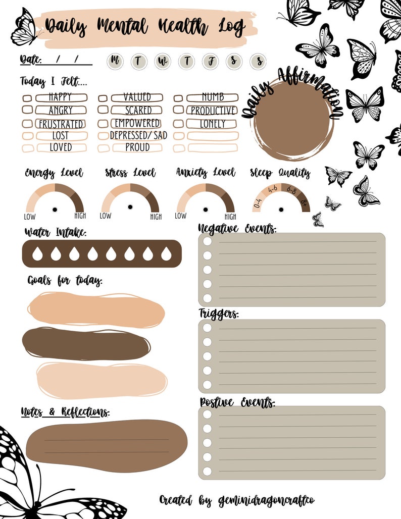 Daily Mood Tracker Printable Mental Health Tracker Mental Etsy