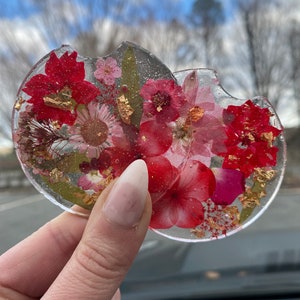 Pressed Flower Car Coasters, Set of 2, Floral Car Coasters, Car Coasters, Red Car Coasters, Red Car Decor, Red Car Accessories, Car Decor