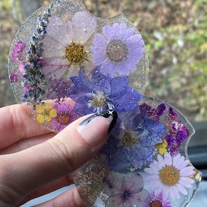 Pressed Flower Car Coasters, Set of 2, Floral Car Coasters, Car Coasters, Purple Car Coasters, Flower Car Coasters, Flower Car Decor
