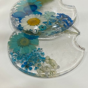 Pressed Flower Car Coasters, Set of 2, Floral Car Coasters, Car Coasters, Blue Car Coasters, Flower Car Coasters, Flower Car Decor