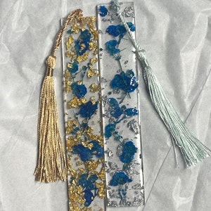 Floral Resin Bookmark, Personalized Bookmark, Blue Bookmark, Pressed Flower Bookmark, Real Flower Bookmark, Silver Bookmark, Gold Bookmark