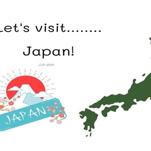 Puede incluir: ¡Visitemos Japón! Un contorno verde de las islas de Japón con flores de cerezo rosas. Una pegatina azul y blanca con la palabra "JAPÓN" en letras blancas. Un sol rojo con un pico de montaña blanco detrás. La bandera japonesa con un círculo rojo sobre un fondo blanco.