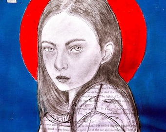 Quadro acrilico e collage originale, volto femminile, vestito decorato con pagina di un libro, 20x30 , home decor, opera contemporane.