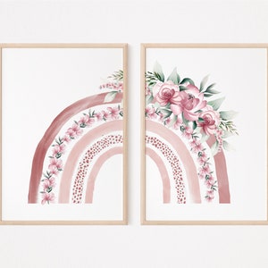 Set von zwei Blumen Regenbogen Kinderzimmer Druck | Babyzimmer | Kleines Mädchen Poster | Botanische Wandkunst | Wohndekor | A3 A4 A5