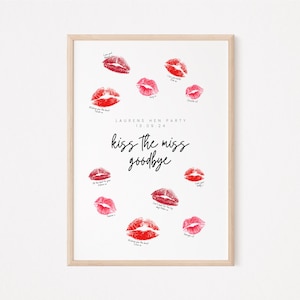 Spersonalizowany wydruk Kiss The Miss Goodbye | Wieczór panieński | Plakat na wieczór panieński | Gry na wieczór panieński | Księga gości | Pamiątka ślubna | A3 A4 A5