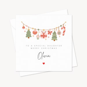 Tarjeta especial para hija en Navidad / Tarjeta personalizada / Tarjeta festiva para la familia / Hermano, mamá, papá, hija, hijo / Lindo árbol de guirnaldas con bastones de caramelo