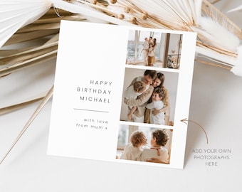 Peut inclure: Une carte carrée blanche avec le texte "HAPPY BIRTHDAY MICHAEL" et "with love from mum x". La carte comprend de la place pour trois photographies et le texte "ADD YOUR OWN PHOTOGRAPHS HERE".