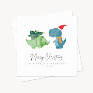 Personalisierte Dinosaurier-Weihnachtskarte | Spezielle Familie Festkarte | Enkel Neffe Nichte Enkelin | Urlaub Winter Karte | Dinos