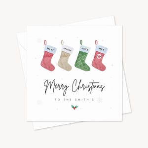 Tarjeta navideña familiar personalizada / Medias festivas / Nombres de familia / Tarjeta de invierno personalizada / Medias / Tarjeta navideña para persona especial