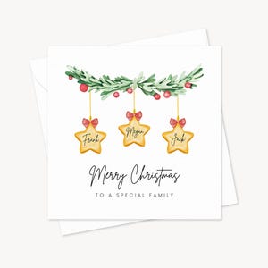 Biglietto di Natale personalizzato con palline a forma di stella / Nomi di famiglia festivi / Biglietto invernale personalizzato / Dolcetto / Biglietto di Natale per persona speciale