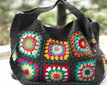 Handmade Granny Square Crochet Bag - Retro Bohemian Shoulder Bag