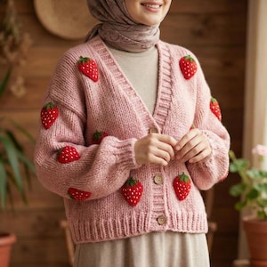 Strawberry Cardigan&Sweater - Pink Knit Pullover - Fruit Knitted Clothes- Strawberry Patch - Plus Oversized Options