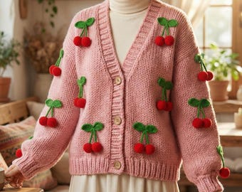 Cherry Cardigan - Crochet Cherry  Patterned Pullover - Fruit Knitted Sweater - Gift For Her - Valentine's Day