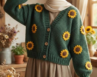Sunflower Cardigan&Sweater - Helianthus Knitted Clothes Crop - Flower Patterned Cardigan- Plus Oversized Options