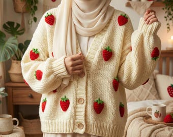 Strawberry Cardigan&Sweater - Strawberry Patterned Pullover - Fruit Knitted Clothes - Plus Oversized Options