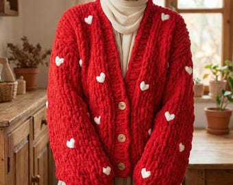 Red Heart Cardigan - Chunky Knit Sweater - Valentines Day Gift for Her - Love Jacket