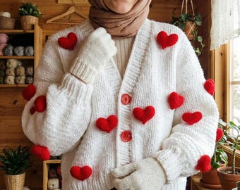 Love Cardigan - Heart Sweater -  Crochet Heart Patterned Pullover - Valentine's Day Gift - Darling Knitted Clothes