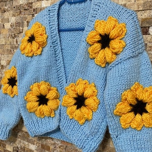 Sunflower Sweater -Sunflower Knitted Cardigan -Flower Patterned Cardigan- Flower Crop - Flower Knitted -Women Clothes- Plus Oversized Option