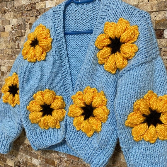 Sunflower Sweater -Sunflower Knitted Cardigan -Flower Patterned Cardigan-  Flower Crop - Flower Knitted -Women Clothes- Plus Oversized Option