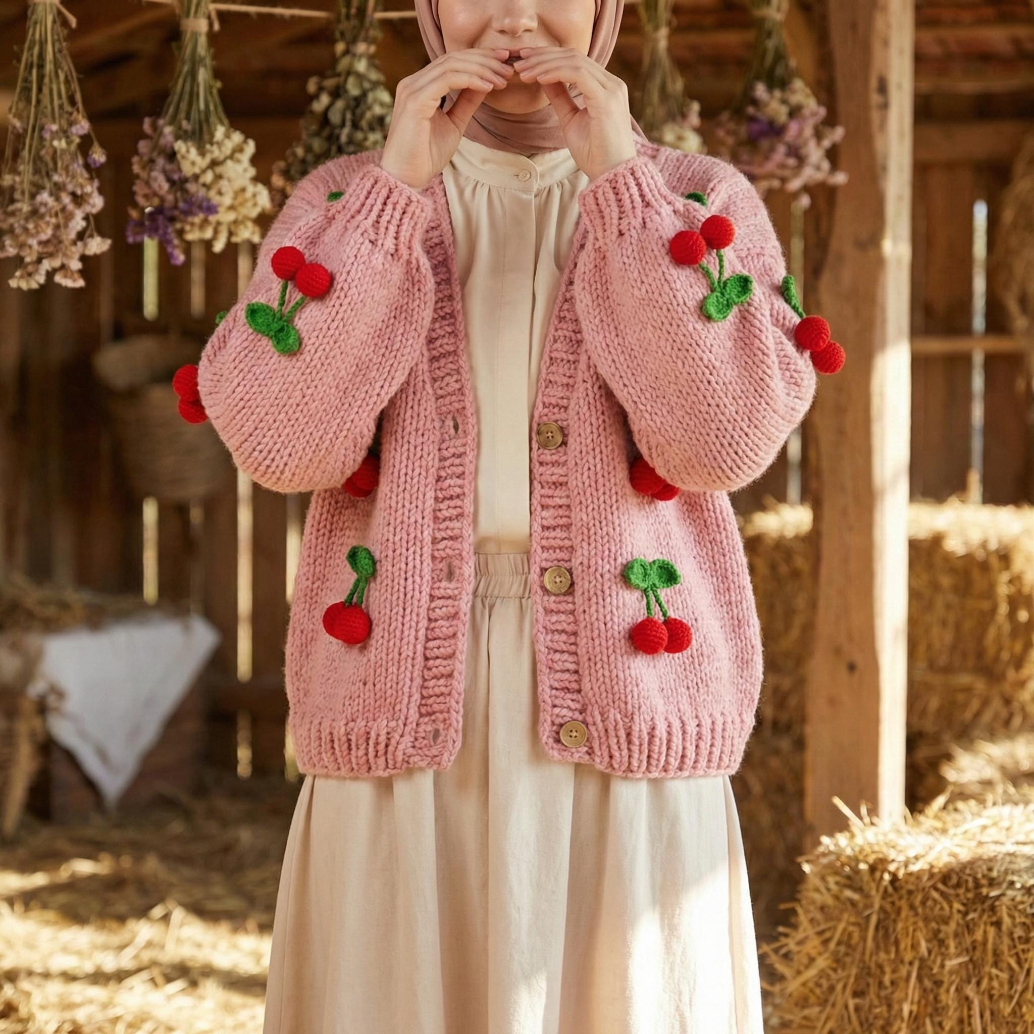 Cherry Cardigan - Crochet Cherry Patterned Pullover - Fruit