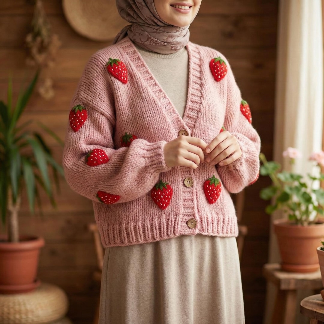 Strawberry Cardigan&sweater - Pink Knit Pullover - Fruit Knitted