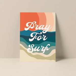 Carte de correspondance typographie, carte de correspondance priez pour le surf, carte d'art surfeur, carte de voeux de plage, carte de correspondance rétro, carte de correspondance d'art côtier, carte d'art de l'océan