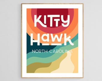 Arte mural de Outer Banks, impresión artística de Kitty Hawk, arte de Carolina del Norte, impresión retro boho, arte playero, impresión costera, impresión oceánica, arte mural con un toque de sol