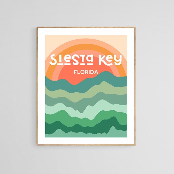 Siesta Key Art  Print, Florida Art, Gulf Coast Art, Retro Boho Print, Beach Art, Coastal Print, Seista Key Wall Art, Retro Art, Wave Print