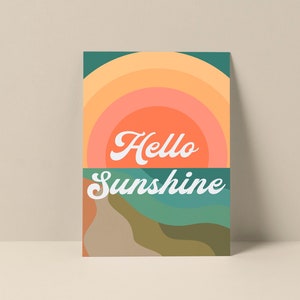 Carte de correspondance Bonjour soleil, carte de correspondance typographie, carte d'art soleil, carte de voeux plage, carte de correspondance rétro, carte de correspondance art côtier, art du soleil