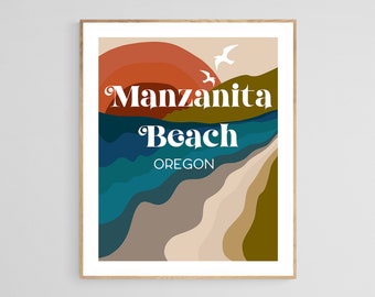 Manzanita Beach Art Print, Oregon Art, Ocean Art Print, Retro Print, Beach Art Print, Oregon Wall Art, Manzanita Wall Art, Oregon Coast Art