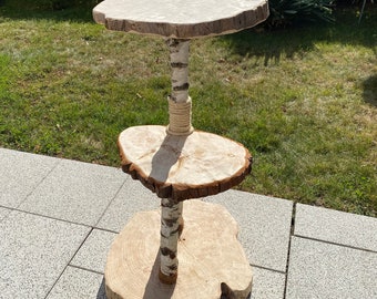 May include: A three-tiered cat tree made of natural wood. The tree features three circular platforms of varying sizes, supported by a birch trunk. The trunk is wrapped with rope in the middle. The platforms have a natural, unfinished edge.