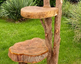 Peut inclure: Un stand en bois à trois niveaux fabriqué à partir de branches d'arbres et de tranches de tronc d'arbre. Le stand a une finition en bois naturel et est parfait pour exposer des plantes ou d'autres objets décoratifs.