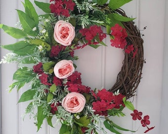 Pink cabbage rose rose/ cherry blossom wreath/ mother's day wreath