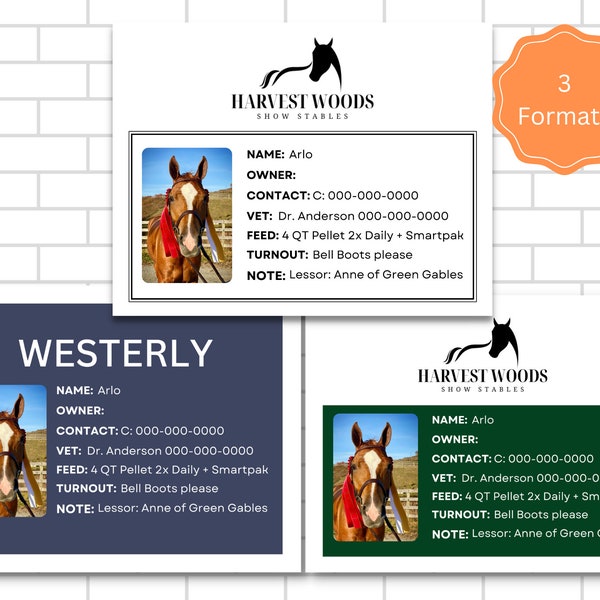 Editable Stable Stall Card Template with Logo and Photo Customizable Printable