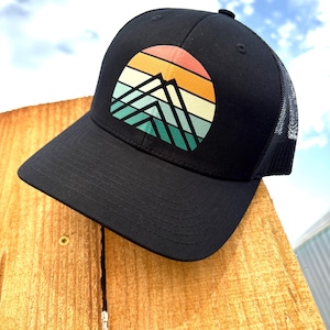 Retro Sunset Mountain Trucker Hat - Outdoorsy Mesh Cap for Hiking, Camping, Travel and Adventure Lovers - Nature Logo Hat Unisex