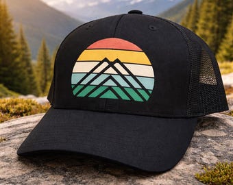 Retro Sunset Mountain Trucker Hat: Outdoorsy Hiking Cap