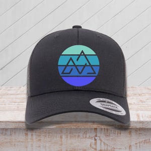 Retro Blue Sunset Black Mountain Trucker Hat - Outdoorsy Mesh Cap for Hiking, Camping, Travel and Adventure Lovers - Nature Logo Hat Unisex