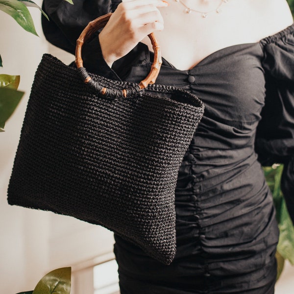 Handmade Bag with Paper Rope , Black Handbag , Summer Handbag  , Handcrafted Crochet , Women Gift , Gift for Her Party Bag , Gift For Her ,