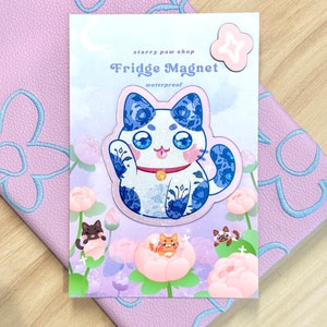 Lucky Cat Porcelain Magnet in Pink, Blue, Purple | 3&quot; Waterproof Glossy Fridge Magnets, kawaii cat gifts, cat whiteboard magnet