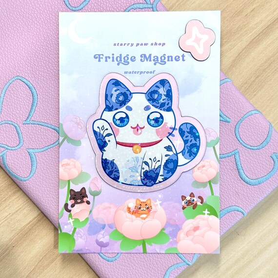 Lucky Cat Porcelain Magnet in Pink, Blue, Purple | 3" Waterproof Glossy Fridge Magnets, kawaii cat gifts, cat whiteboard magnet