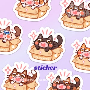 Cute Cat in a Box sticker | 3" waterproof glossy die cut stickers for water bottles, laptops | cute kawaii cat with heart meow